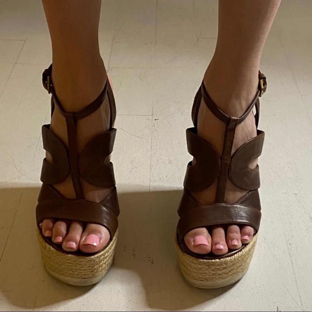 Saint Laurent YSL Brown Leather Wedges